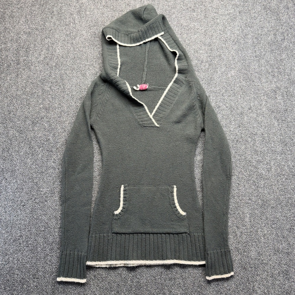 Derek Heart Women Gray Knit Hooded Sweater V-Neck Kangaroo Pocket Small